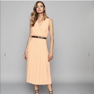 Reiss chiffon pleated peach coloured dress